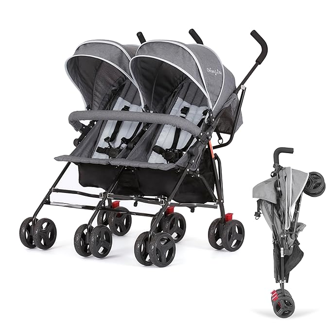 Dream On Me Volgo Twin Umbrella Stroller in Gray, Lightweight Double Stroller for Infant & Toddler, Compact Easy Fold, Large Storage Basket, Large and Adjustable Canopy-BubblyBeeBaby