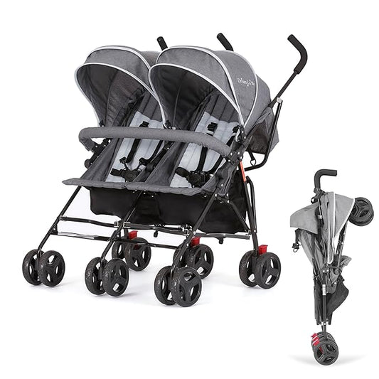 Dream On Me Volgo Twin Umbrella Stroller in Gray, Lightweight Double Stroller for Infant & Toddler, Compact Easy Fold, Large Storage Basket, Large and Adjustable Canopy-BubblyBeeBaby