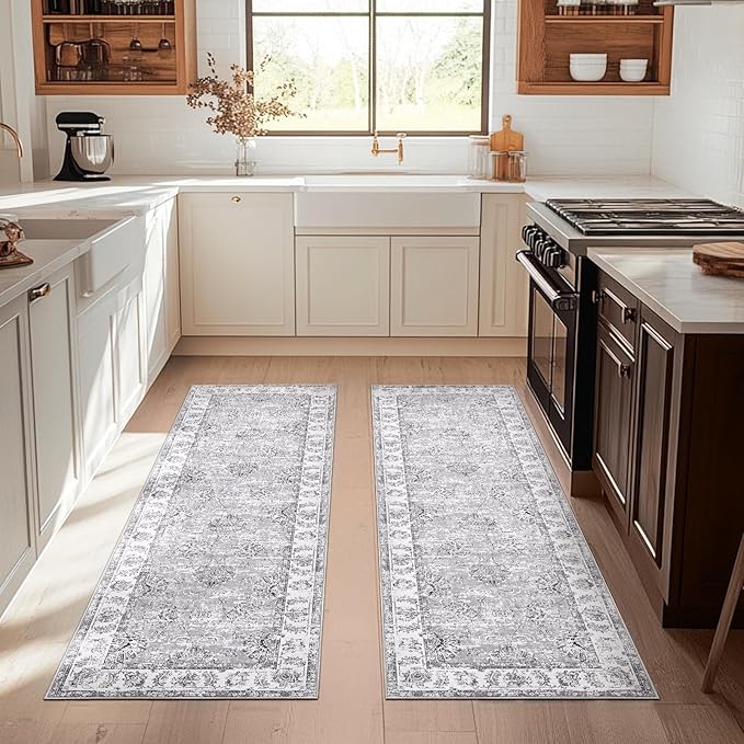 jinchan Runner Rug 2x5-2pcs Kitchen Washable Vintage Hallway Rug Floral Print Floor Cover Indoor Thin Retro Mat Accent Bathroom Laundry Room Bedroom Office Farmhouse (Double,Grey)-BubblyBeeBaby