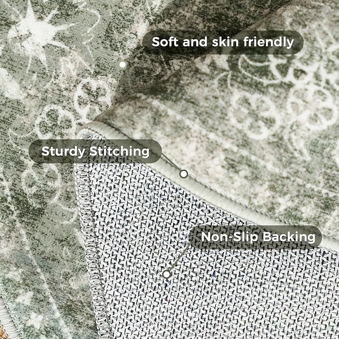 jinchan Round Rug 5ft Area Rug - Green Vintage Floor Mat Kitchen Indoor - Washable Circle 5' Thin Floral Print Carpet Retro Farmhouse Non Slip Dining Room Living Room Bedroom Office-BubblyBeeBaby