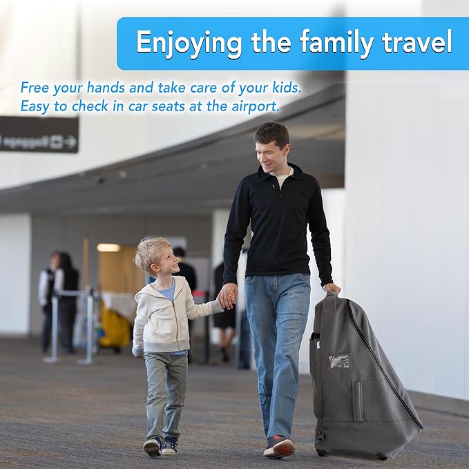 Car Seat Travel Bag with Wheels Heavy Duty Water-resistant Protective Cover for Airplane Travel & Rolling Design, Padded Handle,Padded Adjustable Strap (Grey)-BubblyBeeBaby