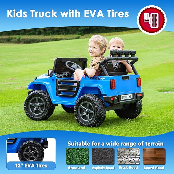24V 2 Seater Ride On Truck with Remote Control 4WD Electric Car for Kids Ride On Car Battery Powered Ride On Toy Car with Music Player, LED Lights, Bluetooth, Rear Shock Absorber, Blue-BubblyBeeBaby