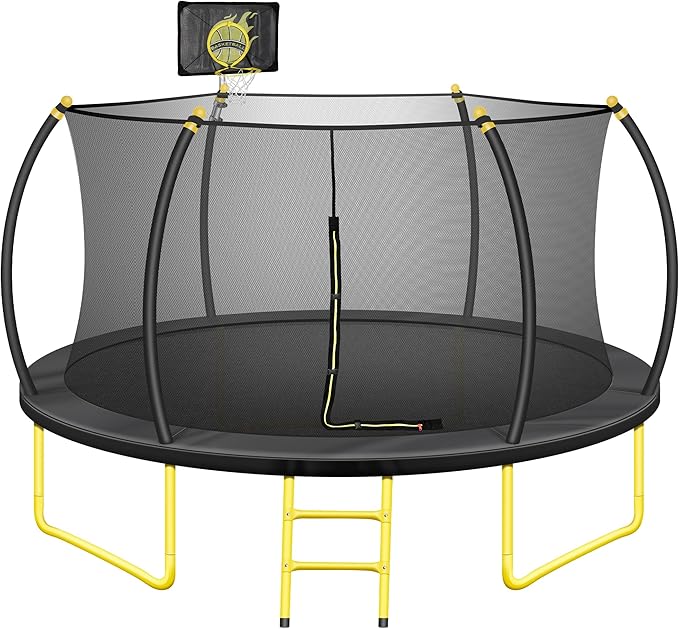 10FT 12FT 14FT 16FT Pumpkin Trampoline for Kids Adults, ASTM Approved Outdoor Recreational Trampoline with Basketball Hoop, Enclosure Net, Yellow-BubblyBeeBaby