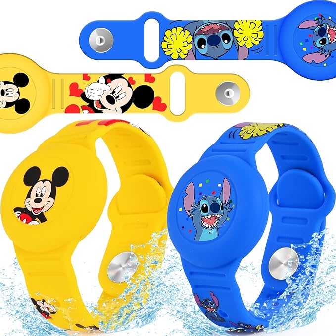 2 Pack AirTag Bracelet for Kids, Waterproof Cute Cartoon Air tag Holder for Kids with Watch Band Design, Full Coverage Silicone Airtag Hidden Accessories for Child, Healthy Material Blue + Yellow-BubblyBeeBaby