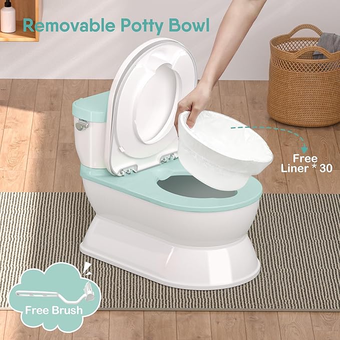 2-in-1 Toddler Potty Training Toilet - Larger Potty Chair & Detachable Training Seat for Boys & Girls Ages 1-3 with Flushing Sound, Wipes Storage, Toilet Paper Holder - Cyan-BubblyBeeBaby
