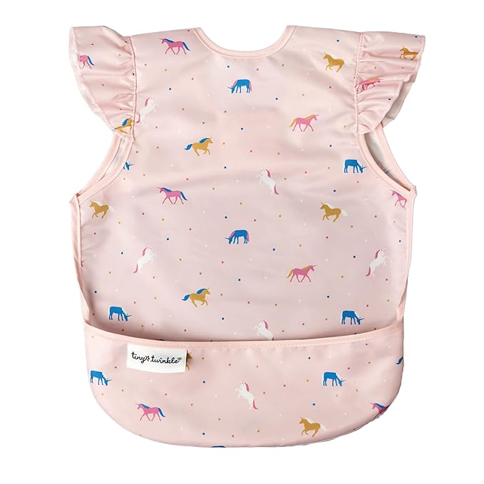 Tiny Twinkle Mess Proof Baby Bib - Waterproof & Lightweight Baby-Led Weaning Apron | 100% Recycled Polyester, Easy Clean & Machine Washable (Unicorn Confetti, Small 6-24 Months)-BubblyBeeBaby