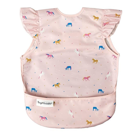 Tiny Twinkle Mess Proof Baby Bib - Waterproof & Lightweight Baby-Led Weaning Apron | 100% Recycled Polyester, Easy Clean & Machine Washable (Unicorn Confetti, Small 6-24 Months)-BubblyBeeBaby