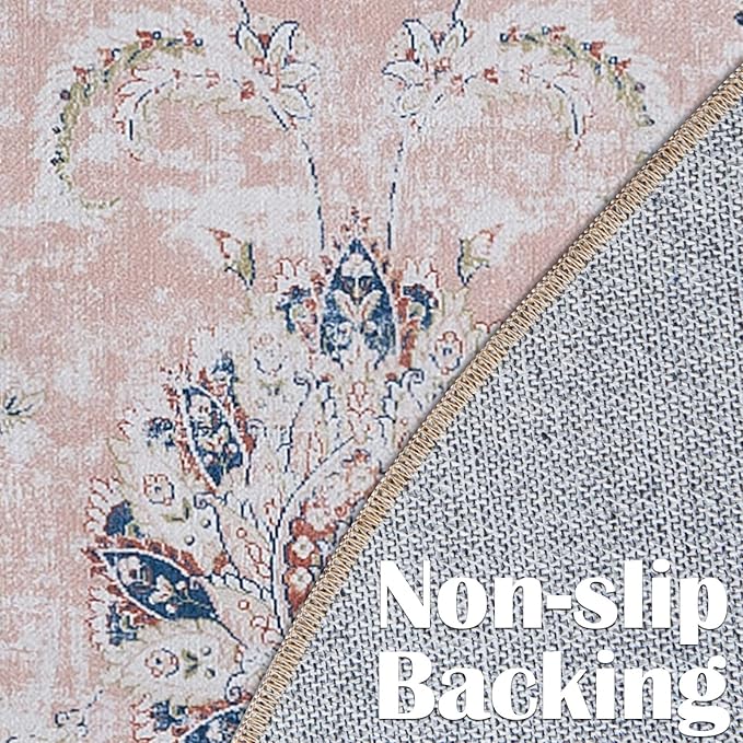 jinchan Round Rug 4ft Area Rugs Vintage Floral Distressed Design - Machine Washable Non-Slip Low-Pile Ultra-Thin Circle Rug for Entryway Bedside Living Room Dining Room Bedroom (4' Round,Pink)-BubblyBeeBaby