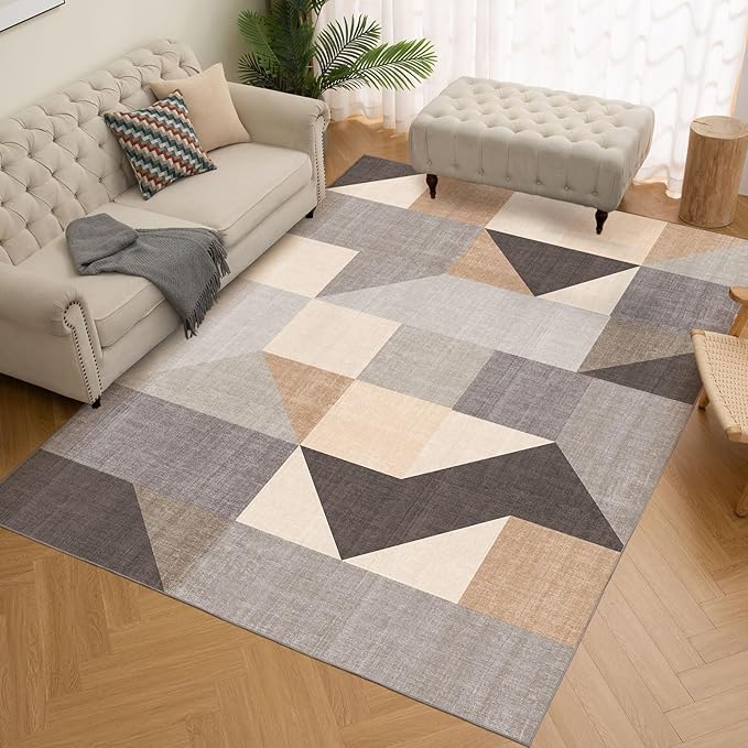 HOMFINE Washable Modern Area Rug - Geometric Style 8x10 Rugs for Living Room, Bedroom, Machine Washable Rug Soft Non Slip Non Shedding Area Rug - Grey Brown, 8'x10'-BubblyBeeBaby