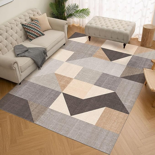 HOMFINE Washable Modern Area Rug - Geometric Style 5x7 Rugs for Living Room, Bedroom, Machine Washable Rug Soft Non Slip Non Shedding Area Rug - Grey Brown, 5'x7'-BubblyBeeBaby