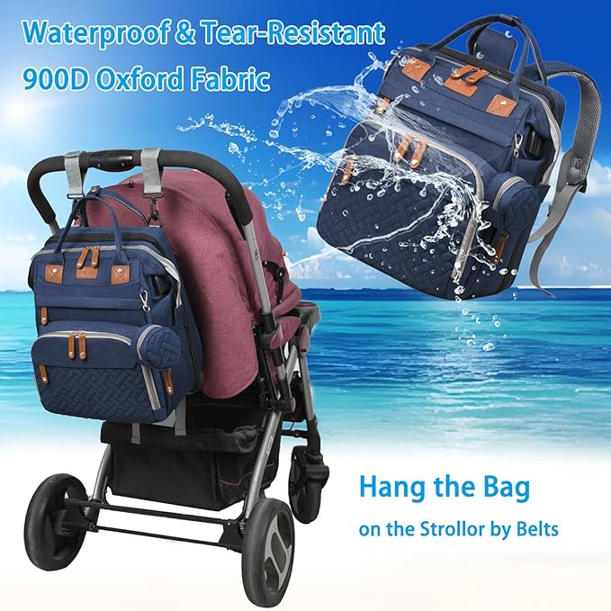 Jeryswet Baby Diaper Bags with Changing Station, Waterproof Large Capacity Diaper Bag Backpack for Moms Dads with USB Charging Port and Stroller Straps, Baby Shower Gifts, Blue-BubblyBeeBaby
