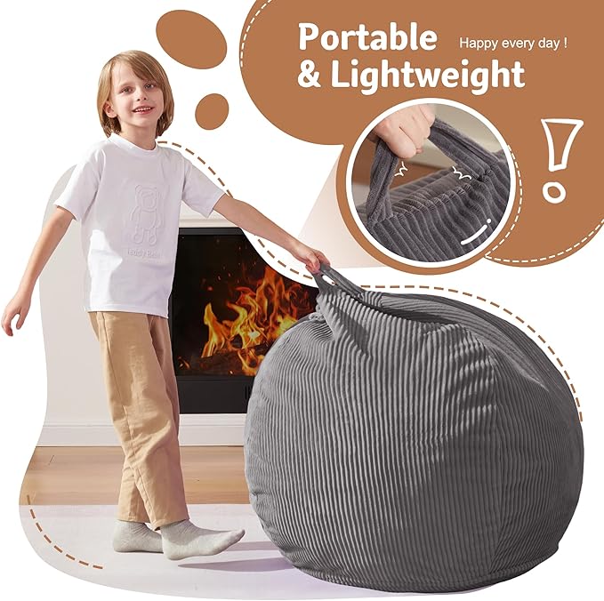 Homguava 2FT Bean Bag Chair,Teardrop Bean Bags Small Beanbag Chair with Memory Foam Filled and Ultra Soft Corduroy Cover for Living Room, Bedroom (Small,Grey)-BubblyBeeBaby