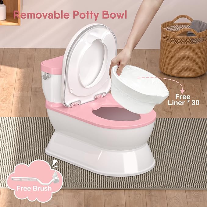 2-in-1 Toddler Potty Training Toilet - Larger Potty Chair & Detachable Training Seat for Boys & Girls Ages 1-3 with Flushing Sound, Wipes Storage, Toilet Paper Holder - Pink-BubblyBeeBaby