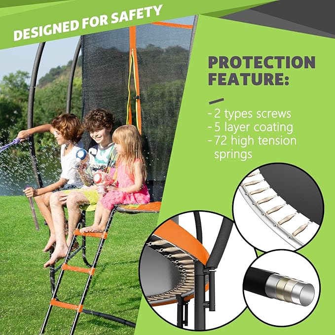 14FT 12FT 10FT 16FT Trampoline with Safety Enclosure, Anti-Rust Coating – ASTM Certified, Heavy-Duty Outdoor Trampoline with Ladder – for Kids & Adults-BubblyBeeBaby