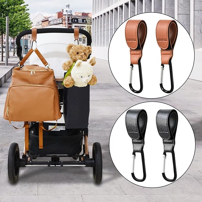 Stroller Hooks for Hanging, 2 PCS Durable Leather Style Stroller Clip Straps, Baby Stroller Hooks for Diaper Bags Grocery Shopping Bags, Mommy Hook for Stroller (Black)-BubblyBeeBaby