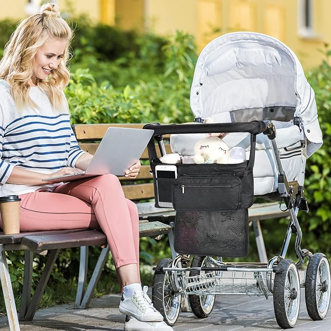 Momcozy Universal Stroller Organizer with Insulated Cup Holder Detachable Phone Bag & Shoulder Strap, Fits for Stroller like Uppababy, Baby Jogger, Britax, BOB, Umbrella and Pet Stroller-BubblyBeeBaby