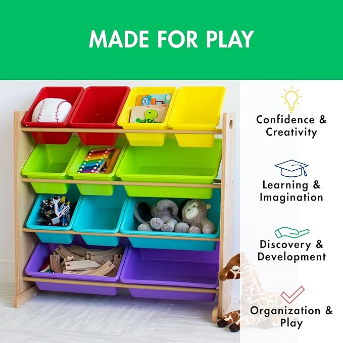 Humble Crew Kids Toy Storage Organizer with 12 Plastic Bins, Natural Wood/Rainbow – Removable Bins for Playroom, Bedroom, Toddler Furniture for Boys and Girls Ages-BubblyBeeBaby