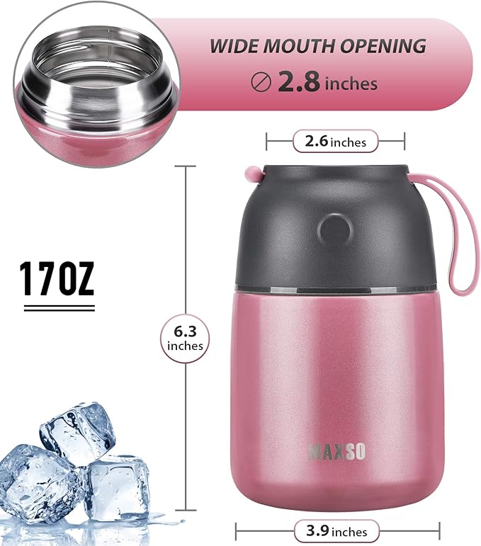 Insulated Food Jar for Hot & Cold Food for Kids Adult,17 oz Soup Thermo Hot Food Containers for Lunch, Triple Layer Insulation Stainless Steel Food Jar with Spoon (Pink)-BubblyBeeBaby