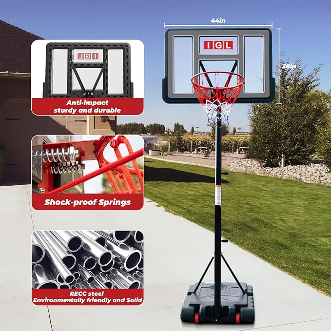 IGL Portable Basketball Hoop, 5.6-10FT Adjustable Basketball Goal System, 44 Inch Outdoor Basketball Hoop & Goals for Kids, Youth, and Adults in The Backyard, Driveway with PC Backboard-BubblyBeeBaby