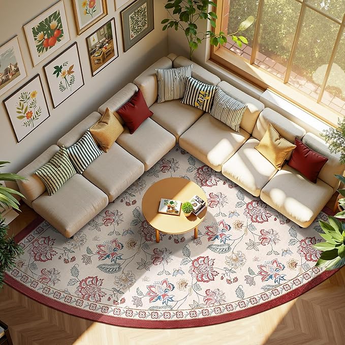jinchan Floral Corner Rug for Living Room Washable Bedroom Rug Vintage Romance Design Non Slip Quarter Circle Lightweight Low-Pile Throw Carpet for Reading Nook Playroom,8ft Radius, Red/Beige-BubblyBeeBaby