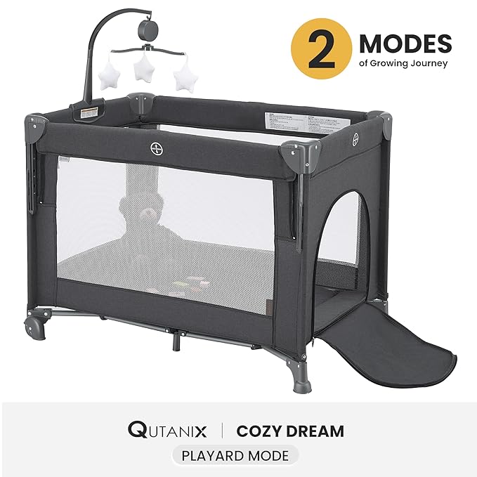 2-in-1 Pack and Play with Mattress,Baby Bassinet Bedside Sleeper, Bedside Bassinet & Baby Playpen, Easy Folding Portable Crib for Newborn to Toddlers (Dark Grey)-BubblyBeeBaby