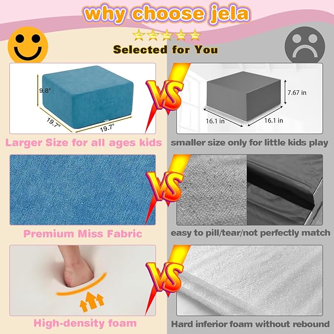 Jela Foam Blocks - Soft Play Equipment with 6 Luxury Miss Fabric Climbing Blocks for Toddlers, Babies & Kids - Lightweight Climb & Crawl Playset-BubblyBeeBaby