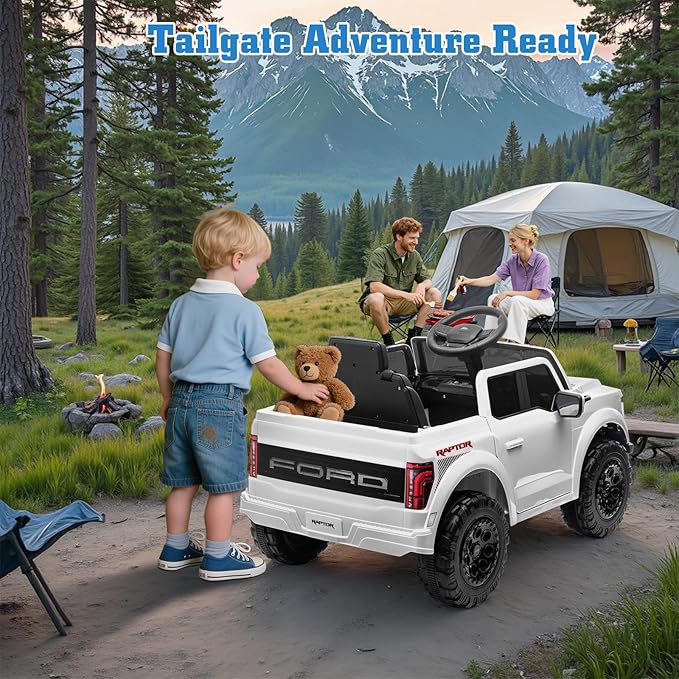 12V Ride on Car Licensed Ford F-150 Raptor, Kids Electric Car with Remote Control, LED Light/Music/MP3, Truck Bed Storage, 3-Point Seat Belt (12V, White)-BubblyBeeBaby