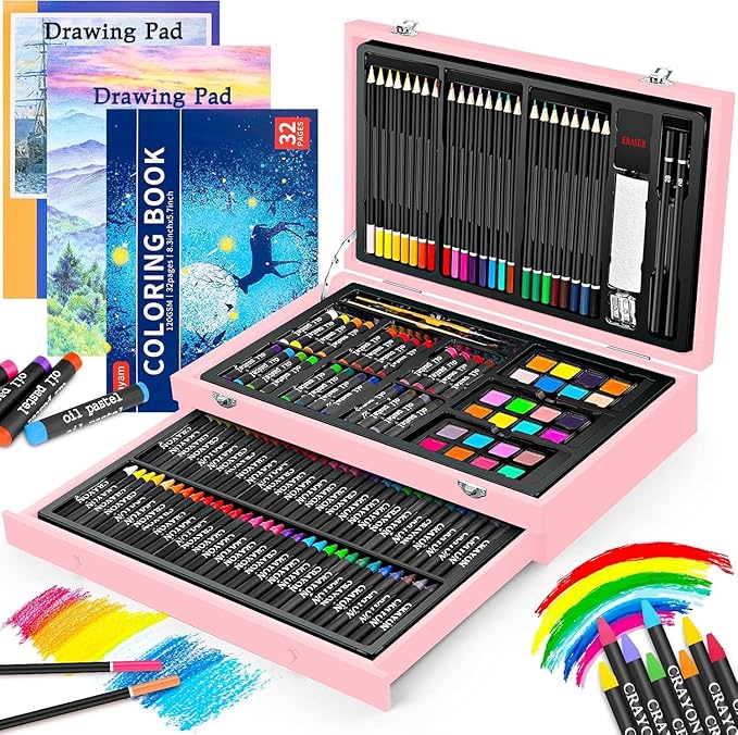 iBayam Arts and Crafts Gifts for Kids 6-14 Year, Teens Girls Christmas Gifts, 150-Pack Art Set Kits with 2 Sketch Pads, Coloring Book, 24 Colored Pencils, 24 Oil Pastels, 24 Watercolor, 60 Crayons-BubblyBeeBaby