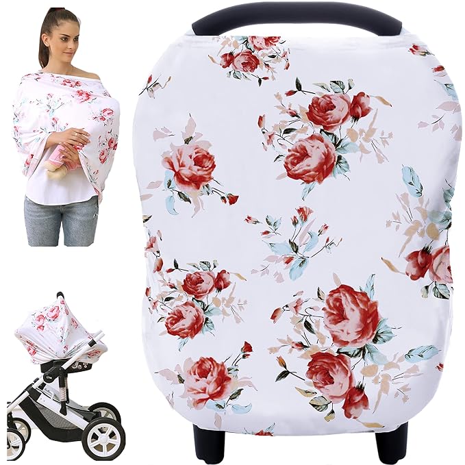 Baby Car Seat Covers - Stroller Canopy Breastfeeding Covers, Multi-use Carseat Canopy, for Boys and Girls Shower Gift (Print Flower)-BubblyBeeBaby
