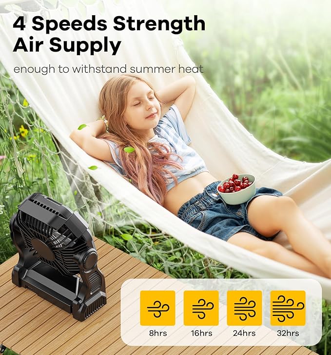 15000mAh Portable Battery Powered Camping Fan - with LED Light, Quiet Battery Operated, Camping Gear for Travel, Tent, Beach, Car or Hurricane Power Outages，Black-BubblyBeeBaby