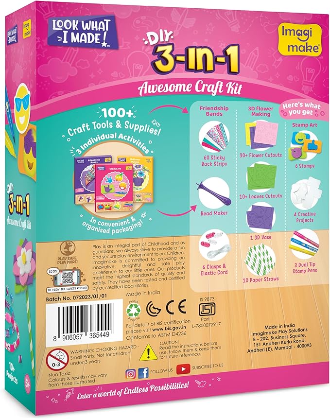 Imagimake Craft Kit - Arts and Crafts for Kids Ages 5+ - Air Dry Clay, Paper Quilling, Stamp Art - 3-in-1 Arts and Crafts Kit - Gifts for 5, 6, 7, 8 Year Olds-BubblyBeeBaby