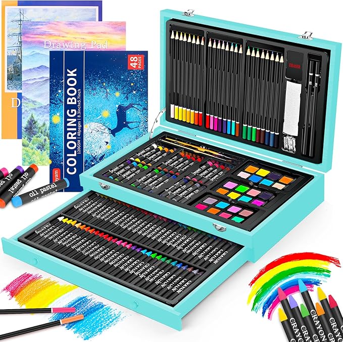 iBayam Art Supplies, 150-Pack Deluxe Wooden Art Set Crafts Drawing Painting Kit with 1 Coloring Book, 2 Sketch Pads, Creative Gift Box for Adults Artist Beginners Kids Girls Boys-BubblyBeeBaby