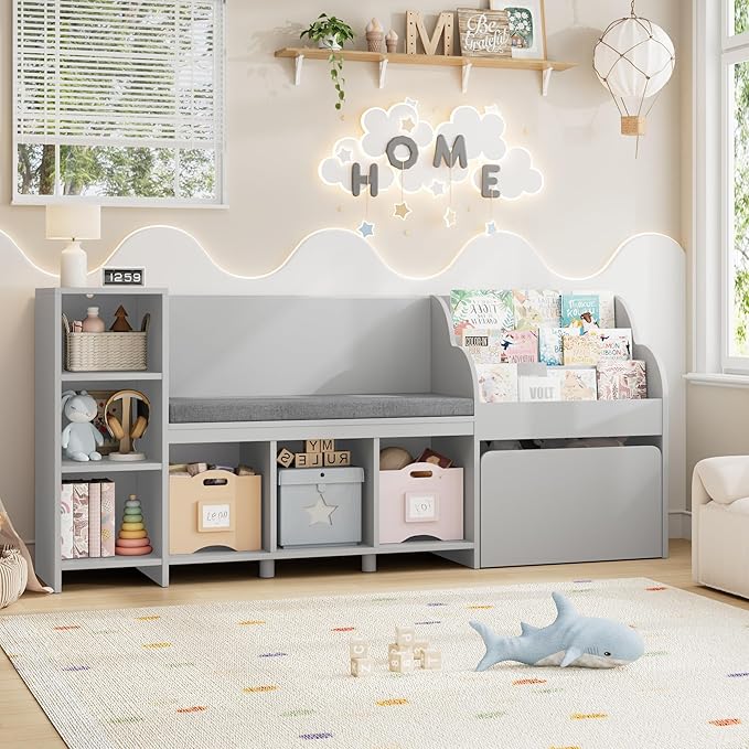 HOSTACK 67" Kids Reading Nook with Bench, Kids Bookshelf and Bookcase with Seat Cushion and 6 Storage Cubbies, Toy Storage Box on Wheels, Toy Chest for Playroom, Bedroom, School, Grey-BubblyBeeBaby