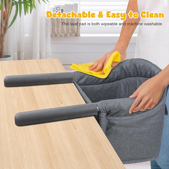 Hook On High Chair: Portable Fast Table Chair with Storage Bag, Clip on High Chairs for Babies and Toddlers, Foldable Baby Feeding Chair with Removable Seat for Home and Travel -Grey-BubblyBeeBaby