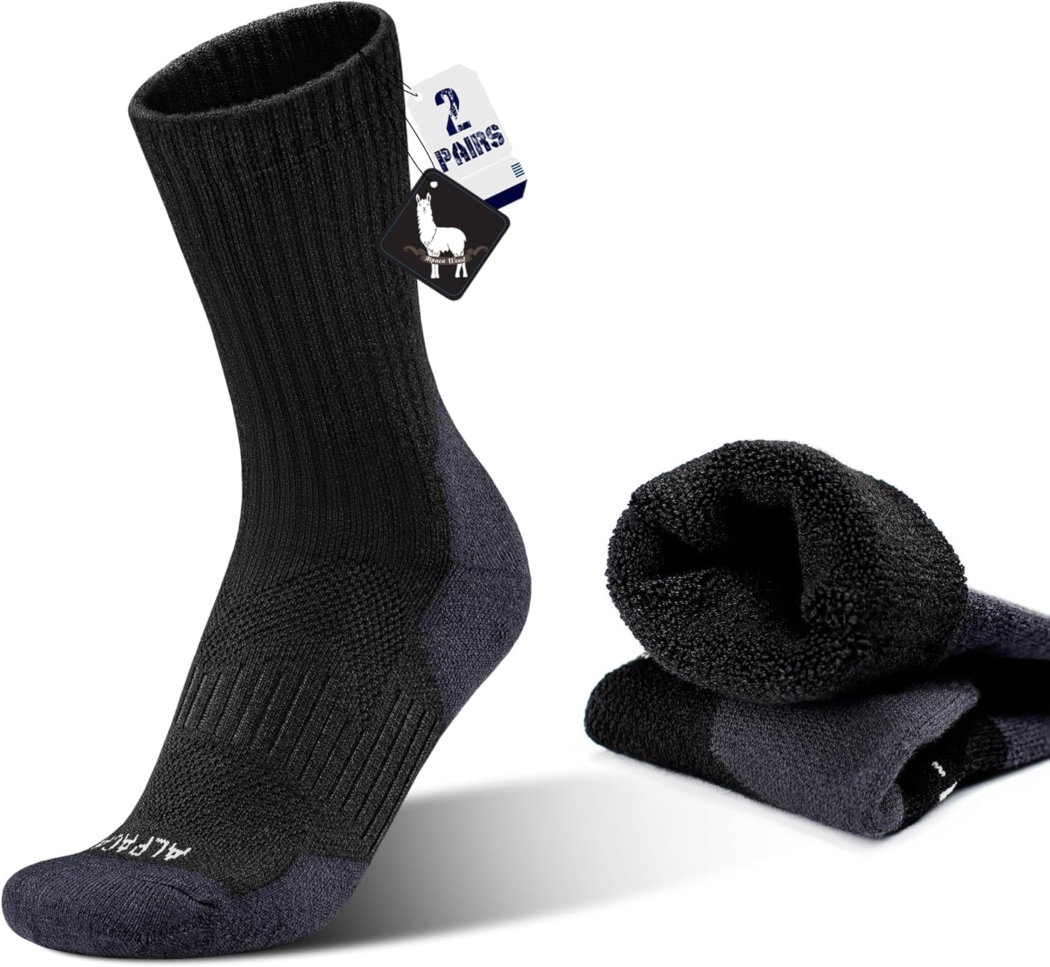 Alpaca Wool Hunting Socks 2 pairs for Men Women, Thermal Warm Compression Thick Winter Cushioned Hiking Boot Moisture Wicking