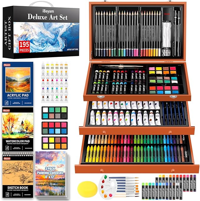 iBayam Deluxe Art Set, 195-Pack Artist Gift Box, Arts and Crafts Drawing Painting Kit Art Supplies for Adults Kids, Art Kits Paint Set with 24 Acrylic Paint, Sketchbook, Canvases, Crayons, Pencils-BubblyBeeBaby