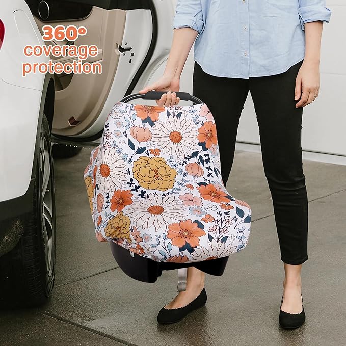 Rquite All-in-1 Car Seat Cover Baby, Carseat Covers for Girl Boy, Stretchy Soft Infant Car Seat Cover, Multi-use Baby Carrier Cover, Car Seat Canopy, Stroller Sun Shade, Nursing Breastfeeding Cover-BubblyBeeBaby