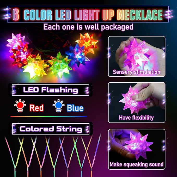 HONLYNE150 PCS Flashing Crystal Star Necklaces, Glow Necklaces Bulk Light up Party Favors, LED Glow in The Dark Necklaces for Kids Adults Birthday Glow Party Rave Halloween Goodie Bags Filler-BubblyBeeBaby