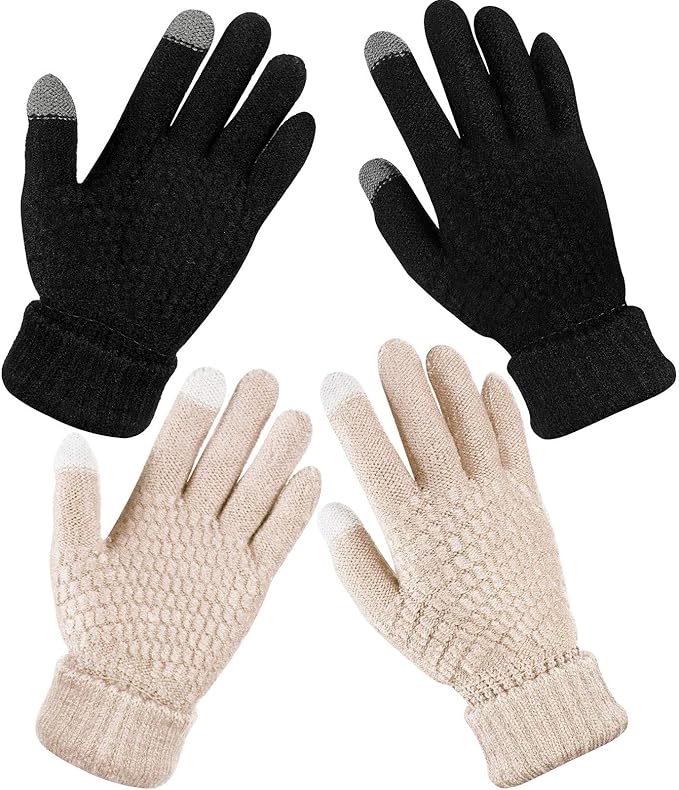 Geyoga 2 Pairs Women's Winter Touch Screen Gloves Soft Warm Fleece Lined Knit Elastic Cuff Winter Texting Gloves-BubblyBeeBaby