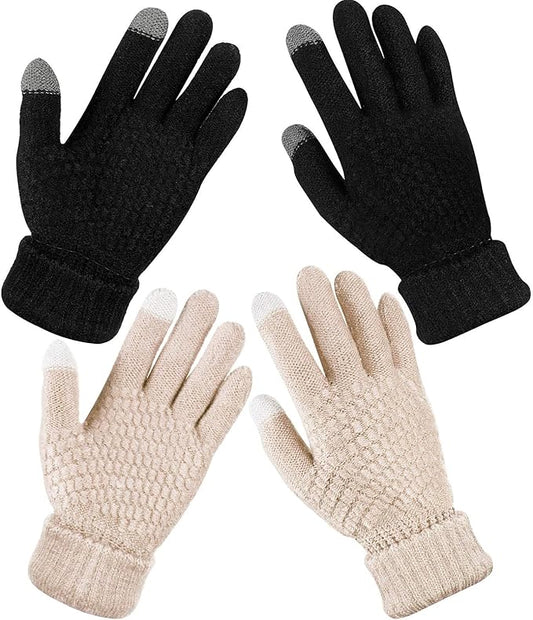 Geyoga 2 Pairs Women's Winter Touch Screen Gloves Soft Warm Fleece Lined Knit Elastic Cuff Winter Texting Gloves-BubblyBeeBaby