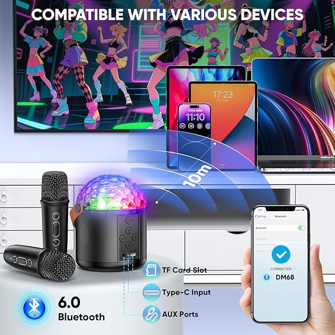 Karaoke Machine with Disco LED Lights for Adults Kids, Portable Bluetooth Speaker with 2 Wireless Microphone Toys Gifts for Girls Boys Birthday Family Home Party-BubblyBeeBaby