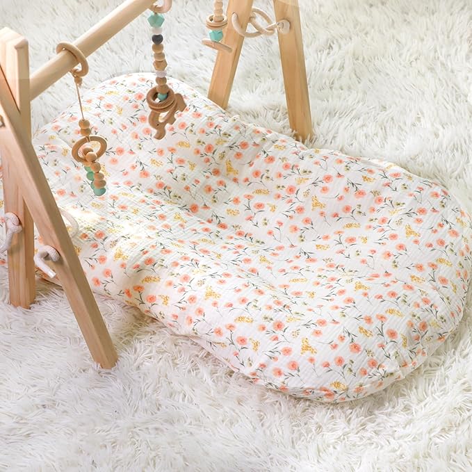 Hooyax Baby Lounger Cover 2 Pack - 100% Muslin Cotton Newborn Lounger Pillow Covers Only, Soft Breathable Infant Lounger Cover with Reinforced Stitching, Fits Most Standard Baby Loungers (Pink Floral)-BubblyBeeBaby