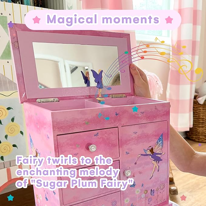 Jewelkeeper Jewelry Box - Jewelry Box for Girls with Ballerina Music Box - 3 Spacious Drawers, Necklace Carousel, Soft Pink Lining and Flowers Design - Sugar Plum Fairy Tune - 9.5 x 7.75 x 9.5 in-BubblyBeeBaby