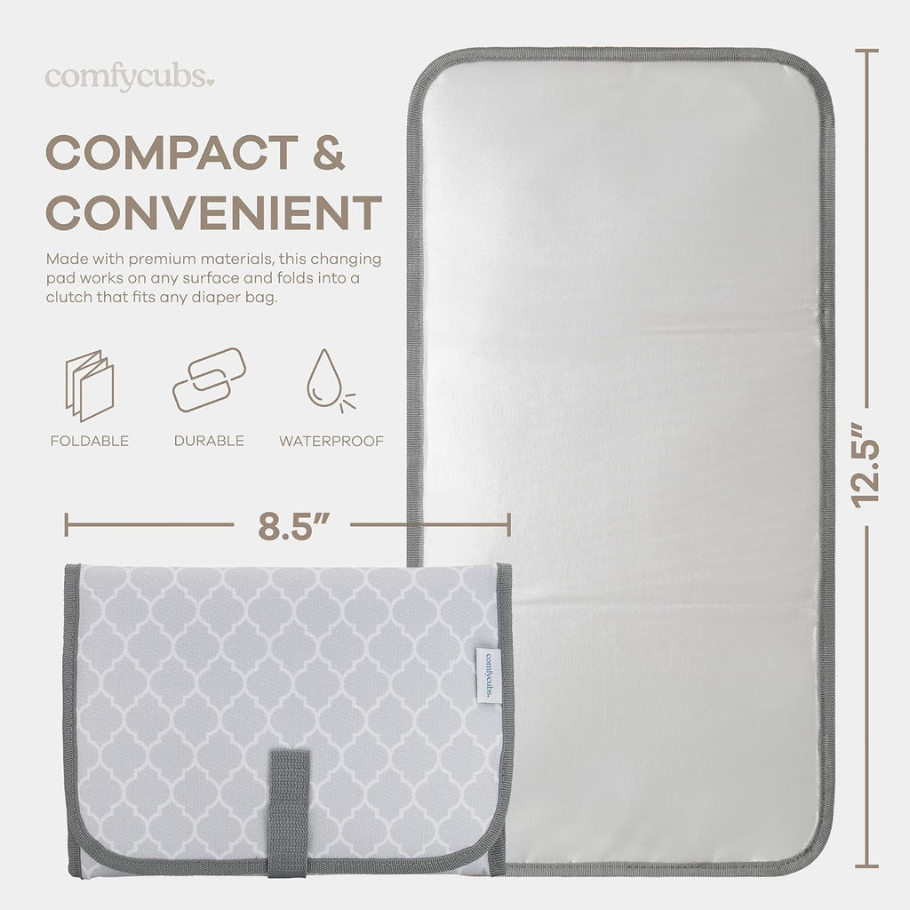 Comfy Cubs Baby Changing Pad Compact Size - Waterproof Diaper Changing Mat with Cushioned Pillow - Soft & Lightweight, Foldable Design for Travel - Stylish Design for Boys and Girls - Grey Pattern