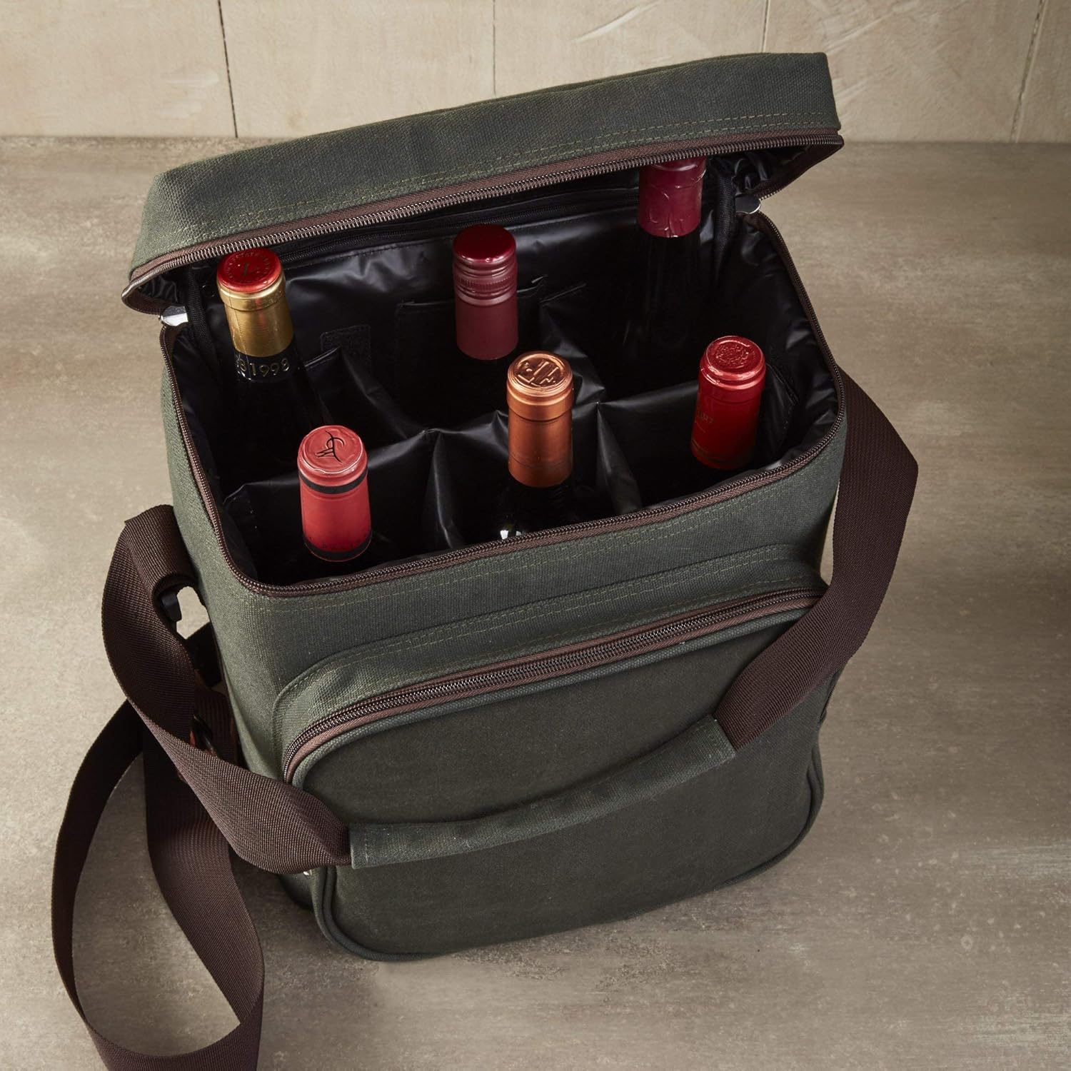 Wine Enthusiast 6-Bottle Waxed Canvas Wine Bag Tote Insulated Wine Carrier Cooler Travel & Picnics Holds Tall Bottles Includes Ice Pack Chilling Reusable Tote Bag for Wine Gifts & Outdoor Gatherings