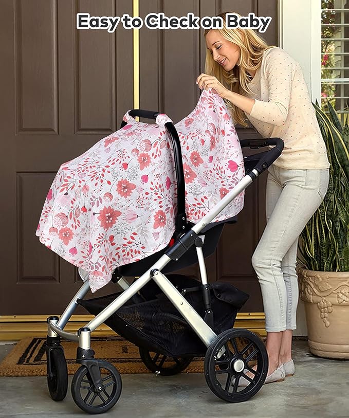 Rquite Muslin Car Seat Cover Baby, Carseat Covers Baby Girl Boy, Breathable Lightweight Infant Car Seat Cover, Baby Carrier Cover Car Seat Canopy Stroller Sun Shade for Summer & Hot Day, Universal Fit-BubblyBeeBaby