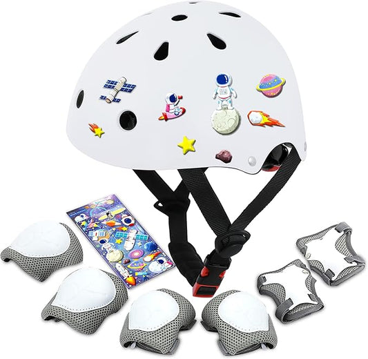 Kids Bike Helmet with DIY Stickers and Knee Pads Elbow Pads Wrist Guard Set for Ages 3-8-14 Toddler Boys Girls Helmet for Roller Skates Cycling Skateboarding Bicycle Scooter-BubblyBeeBaby