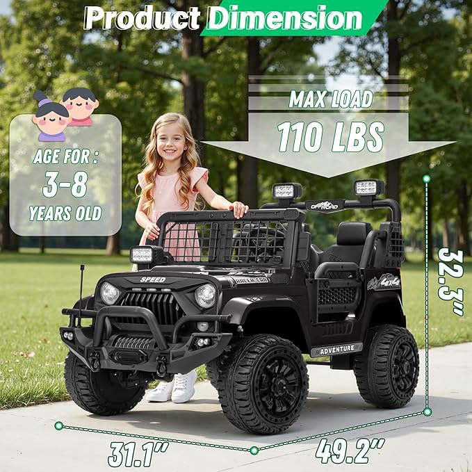 2 Seater Ride On Car Truck with Remote Control XL, Kids 24V Battery Powered Electric Vihicle w/21 in Seat, 3 Speeds, 2WD/4WD Switichable, Shock Absorbers,Bluetooth, Flower, Gift Choice-BubblyBeeBaby