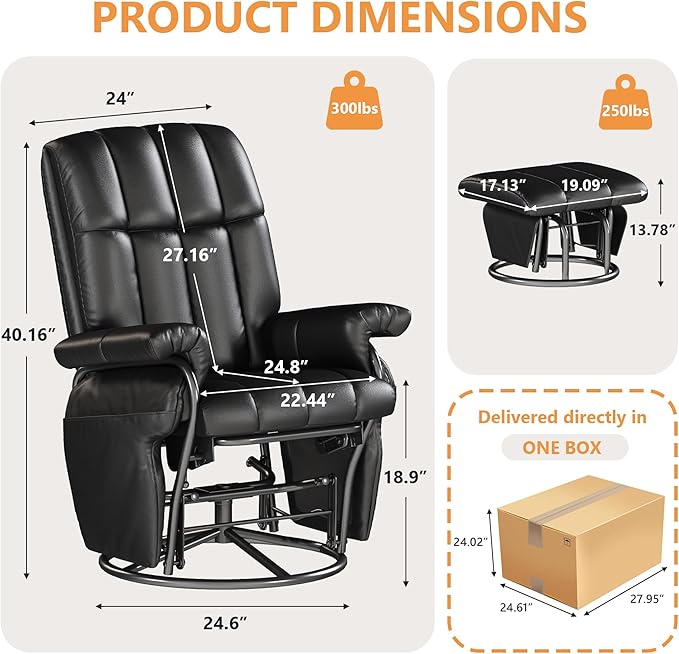 JIASTING 360° Swivel Recliner Chair with Ottoman & Double Side Pockets, Nursing Glider Rocking Recliner Chair, Gliding Chair for Nursery, Living Room, Office, Bedroom, Metal Frame (Black 1)-BubblyBeeBaby