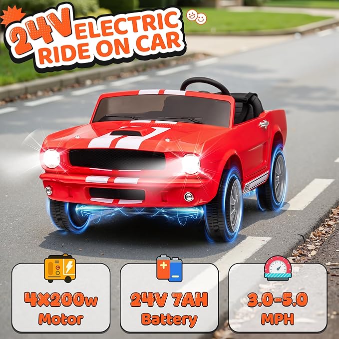 24V 2 Seater Ride on Toys, Licensed Shelby Cobra Kids Power Car Wheeler Ride On Toy w/ 2WD/4WD Switchable, Remote Control, 19" Spacious Seat, 4 Spring Suspension, Music, Bluetooth-BubblyBeeBaby